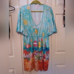 Designer 'beach landscape' v-neck coverup, *Large/XL, EUC